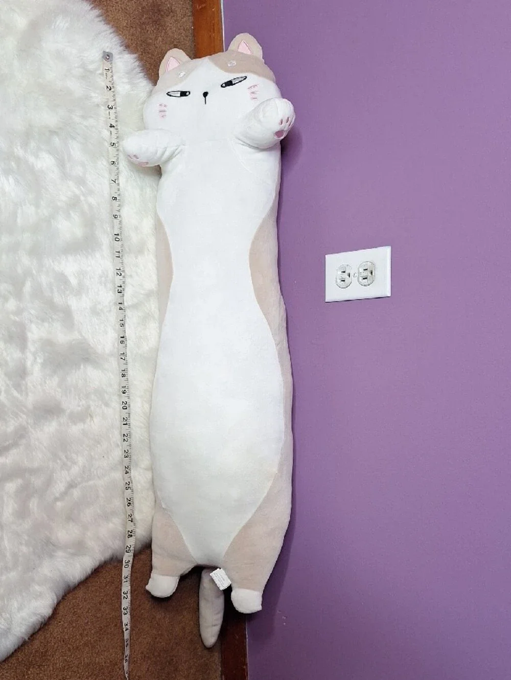 Plush Long Cat Body Pillow - White & Tan